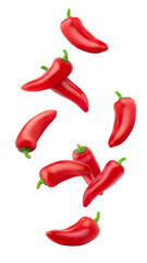 Wall Mural - Falling red hot chili peppers on white background, isolated