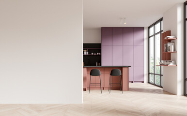 Wall Mural - White and purple kitchen interior with island and blank wall