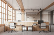 White and wooden open space office interior