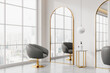 © ImageFlow - White beauty salon interior with armchairs, cosmetics on table near window