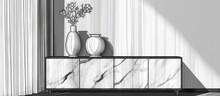 A Monochrome Illustration Of A Marble Cabinet Featuring Vases And Plants On Top, Set Against A Backdrop Of A Window With A View Of Trees And A Building