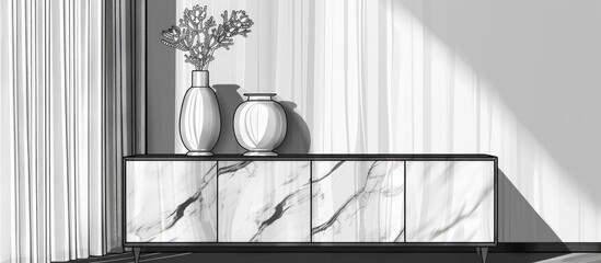 Wall Mural - A monochrome illustration of a marble cabinet featuring vases and plants on top, set against a backdrop of a window with a view of trees and a building