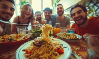 Detail of group people eating home made pasta