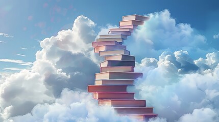 A stairs made of stack of books leading to heaven or sky. Representation of high education