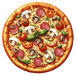 Delicious pizza with salami, cheese, mushrooms, tomato, capers, pepperoni for your design. Vector illustration.