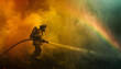 Icon of a firefighter battling a blaze when suddenly a burst of water from the hose creates a rai Generative AI