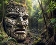 Giant head carved into a rock with symbols of an ancient culture. Fantasy art.