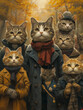 Anthropomorphic cats posing for 1700 family painting, charming retro. Generative AI. C004
