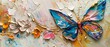 Palette knife abstract in oil, butterfly and petals with gold streaks, capturing the ceramic street arts lively ambiance