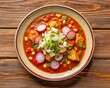 © ahmta - Top View of Red Pozole Dish Isolated on Wooden Background
