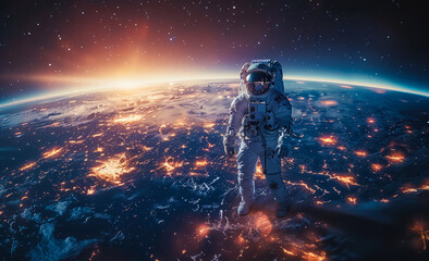 Wall Mural - Astronaut in outer space against the backdrop of the planet earth.