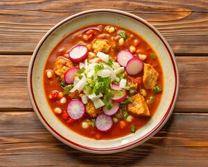 Top View of Red Pozole Dish Isolated on Wooden Background