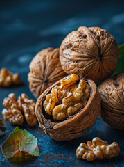 Wall Mural - Walnuts and kernels on dark background