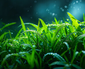 Wall Mural - Fresh green grass with dew drops in the early morning