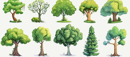 Poster - A diverse collection of plants and trees, showcasing the beauty of nature. This art piece on a white background captures the essence of different biomes with various vegetation and green hues