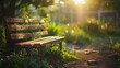 An empty wooden bench in a serene garden, the calm of dawn reflected in the soft sunrise light, with the background artfully blurred