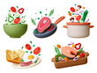Cooking 3d scenes. Realistic food, kitchenware and pot. Fresh salad, breakfast, dinner and lunch meals. Flying meat, fish and vegetables pithy vector set