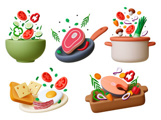 cooking 3d scenes. realistic food, kitchenware and pot. fresh salad, breakfast, dinner and lunch mea