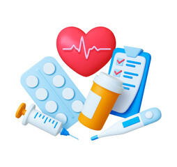 Sticker - Healthcare 3d concept. Medical tools, red heart with heartbeat, pills and syringe. Health, pharmacy or hospital vector render elements design