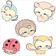 A set of vector simple stylized cute kind funny smiling characters of cartoon animals in pastel colors: a bird, a puppy, a hedgehog, a ladybug, and a kitten.