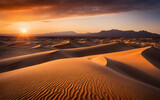Fototapeta Las - Sunset at Sahara Desert, dramatic shadows on sand dunes, warm orange glow, endless horizon