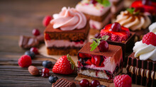 An Assortment Of Beautiful And Delicious Cakes, Pastries, And Desserts With Various Fillings Such As Chocolate Mousse, Strawberry Cream Cheese Or Fruit Inside, On A Wooden Table Background.