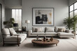 © KraPhoto - Modernes Wohnzimmerdesign mit heller Couch, abstraktem Wandbild und stilvollen Möbeln