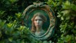 Young Woman Reflecting on Identity in Antique Mirror Surrounded by Greenery