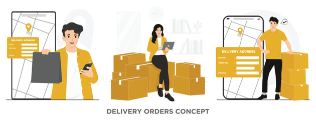 Flat vector shipping box and taking order delivery packages delivery courier concept illustration