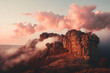 Magnificent view of the rocks against the backdrop of sunset with pink clouds. Generated by artificial intelligence