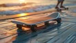 Skateboard at Sunset on Wooden Boardwalk