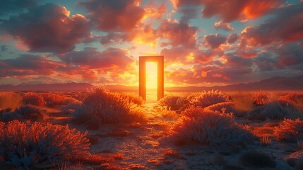 Fantasy magical open door in the meadow at sunset to mystical concept Background AI Generated