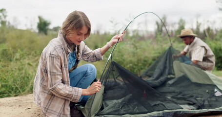 Poster - Camping, couple and pitch tent outdoor on holiday, vacation and interracial people travel in nature. Campsite, man and woman setup together, preparation and conversation to help in the countryside