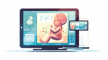 Tablet PC And Hologram Of Human Fetus Above The Scree