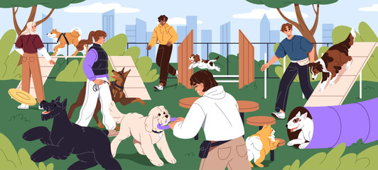 People training agility with puppies at dogs park, playground. Men and women walking doggies of different breeds at yard. Owners play with their playful pets outdoors. Flat vector illustration