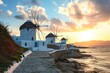  The iconic windmills of  Greece at sunset, AI generated