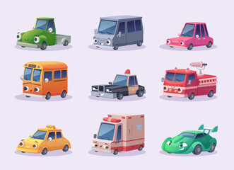 Wall Mural - Cars emotions. Cute urban vehicles with big eyes exact vector cartoon illustrations set