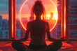 A futuristic concept of human mental health, with a girl in a lotus pose and eyes closed, meditating in front of a hologram