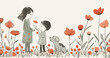 A tender moment is captured in this illustration, where a young girl in a polka-dotted dress presents a flower to a boy, with a faithful dog witnessing the exchange amid a field of red blooms