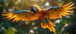A vibrant parrot, a member of the Falconiformes family, is soaring gracefully through the sky, showcasing its colorful feathers and spread wings