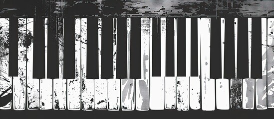 Canvas Print - A monochromatic image of a piano keyboard against a backdrop of trees. The contrast between the black and white keys creates a sense of artistic beauty and harmony