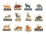 Fototapeta Sypialnia - Animal labels. Badges with illustrations of different wild animals recent vector templates