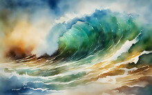 Abstract Watercolor Big Wave For Textures. Fresh, Cheerful And Relaxing Summer Concept. Positive And Healthy Tones.