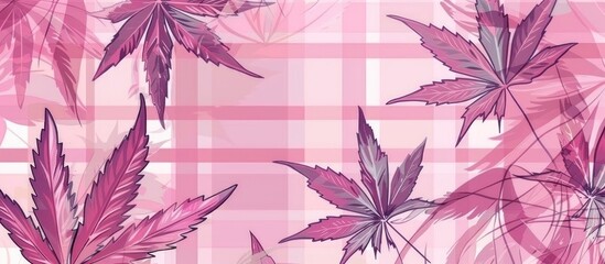 Canvas Print - A pattern of pink leaves on a pink checkered background inspired by Botany and Nature. The artistic representation showcases various shades of pink including Magenta and Red, resembling a woody plant