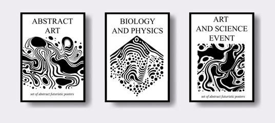 Poster - Set of poster templates for science event with futuristic surreal design, black and white liquid shapes and forms.