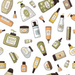 Cosmetic pattern. skin care cosmetic cream and bottles stylized illustrations for seamless background