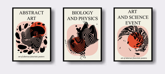 Poster - Set of poster templates for science event with futuristic surreal design, black and white liquid shapes and forms.