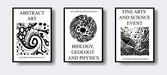 Poster - Set of poster templates for science event with futuristic surreal design, black and white liquid shapes and forms.