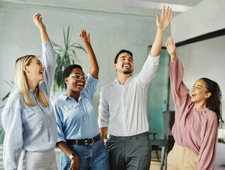 Wall Mural - business meeting office teamwork woman celebrating success group unity togetherness businesswoman businessman startup partnership student education happy cheerful