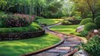 Landscape design. A picturesque garden with a tranquil path and steps leading through vibrant greenery and colorful flowers